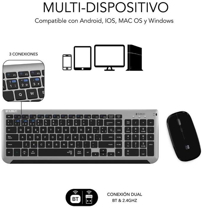 Subblim Combo Dual Prestige Extendido Gris/Negro con Teclado y Ratón Inalámbrico Bluetooth/2.4G